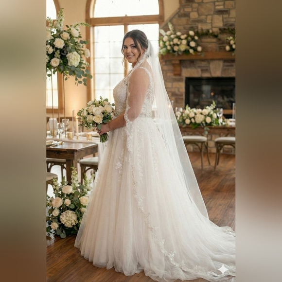 Abaowedding White Wedding Gown Lace Tulle Applique Illusion V Neck NWT - Picture 3 of 12